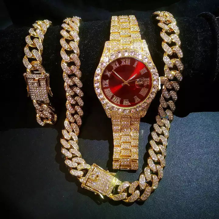 Ensemble de bijoux hip-hop pour hommes avec montre à quartz entièrement sertie de strass - Comprend un collier, un bracelet et un choker sport tendance en alliage_5