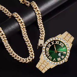 Ensemble de bijoux hip-hop pour hommes avec montre à quartz entièrement sertie de strass - Comprend un collier, un bracelet et un choker sport tendance en alliage