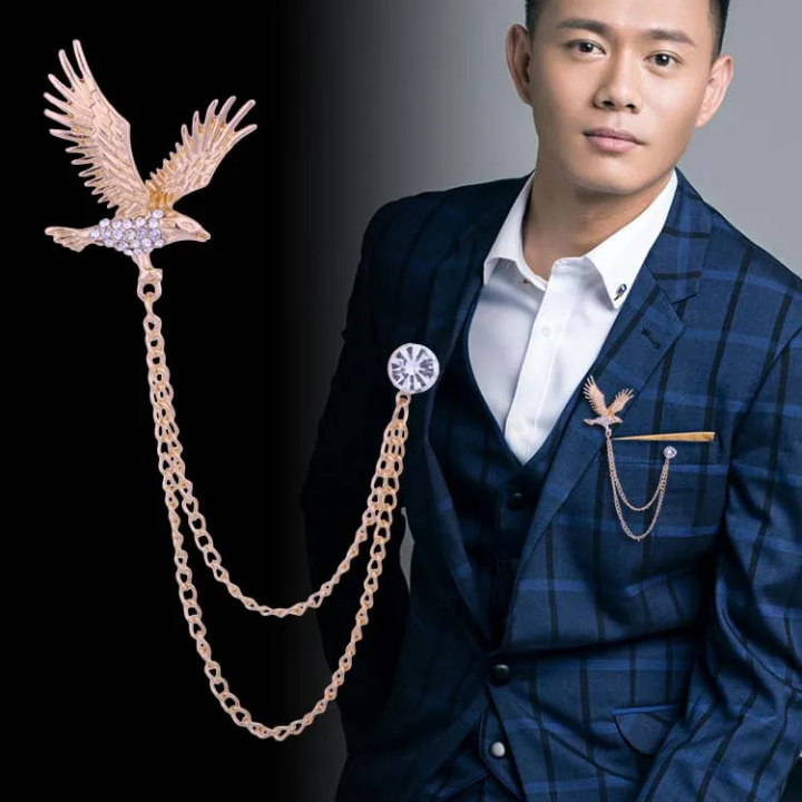 Broche aigle rétro tendance pour homme, Épingle de revers animal avec chaîne et Ailes en strass