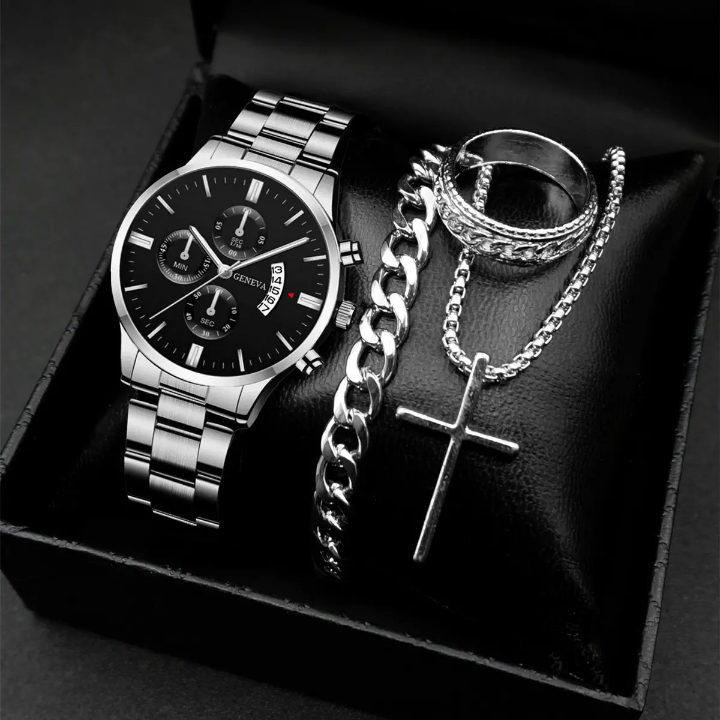 Montre-Bracelet Analogique d’Affaires de Marque Tendance en Alliage de Luxe avec Calendrier et Bracelet en Acier inoxydable_3