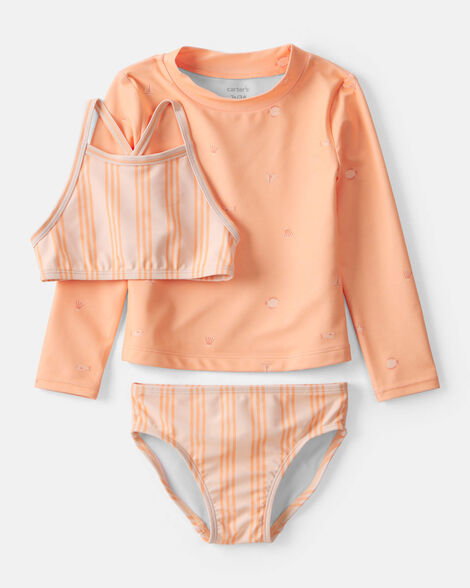 Toddler Girl 3-Piece Striped Rashguard Swimsuit Set - Orange