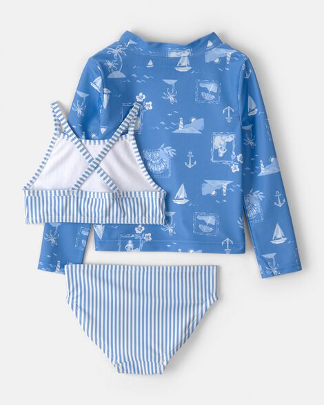 Toddler Girl 3-Piece Sailboat Long-Sleeve Rashguard Swimsuit Set - Blue_1