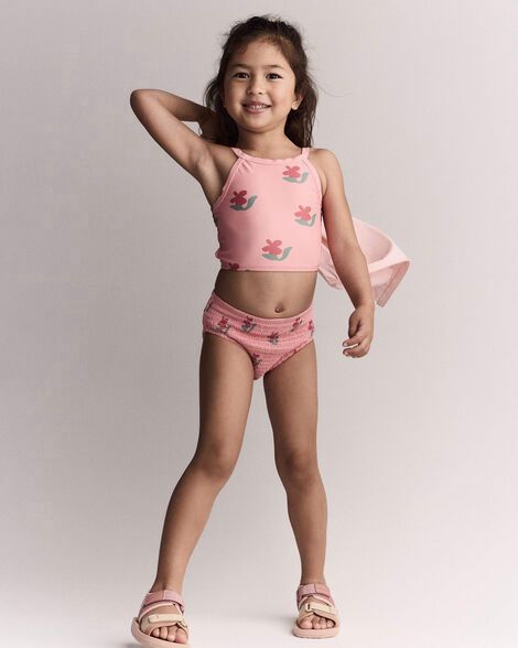 Toddler Girl Smocked Tankini in Floral Print - Pink