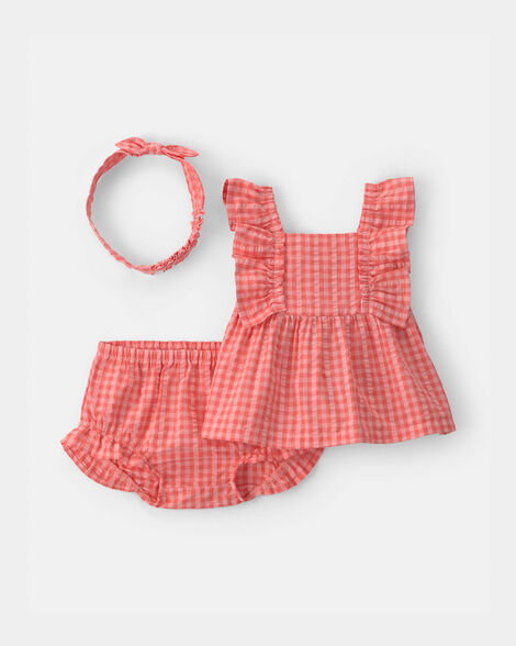 Baby Girl 3-Piece Gingham Top & Short Set - Coral_0