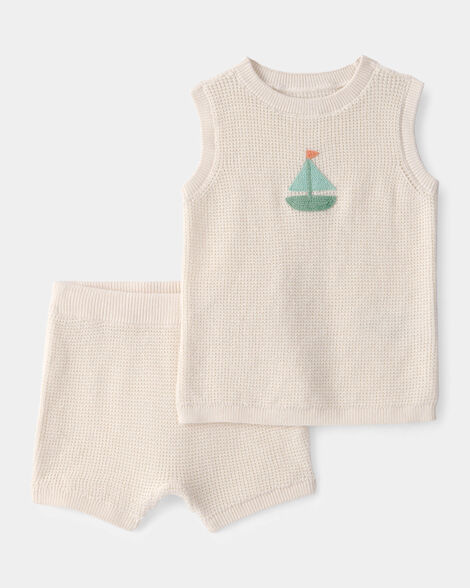 Baby 2-Piece Sailboat Crochet Top & Short Set - Cream_0