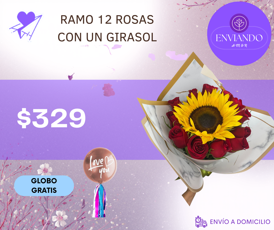 RAMO 12 ROSAS CON UN GIRASOL