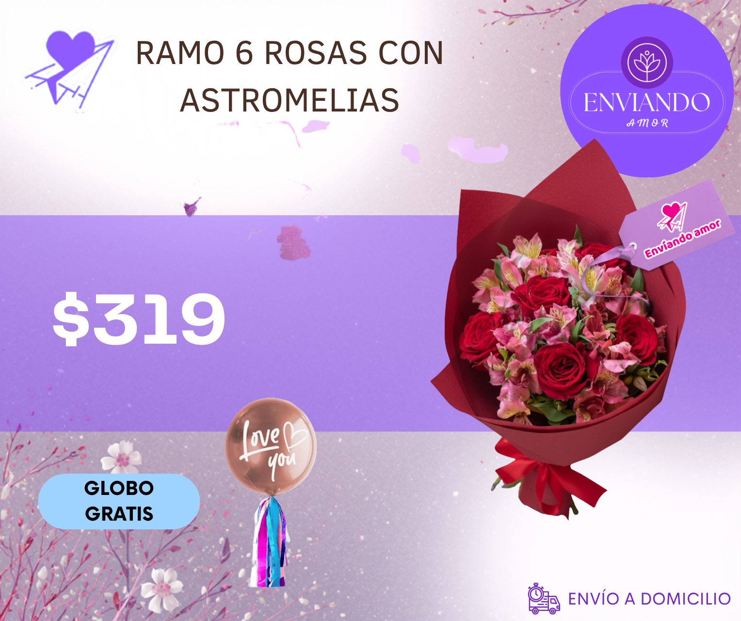 RAMO 6 ROSAS CON ASTROMELIAS