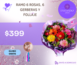RAMO 6 ROSAS, 6 GERBERAS Y FOLLAJE
