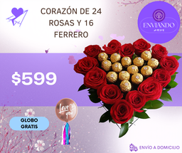 CORAZÓN DE 24 ROSAS Y 16 FERRERO