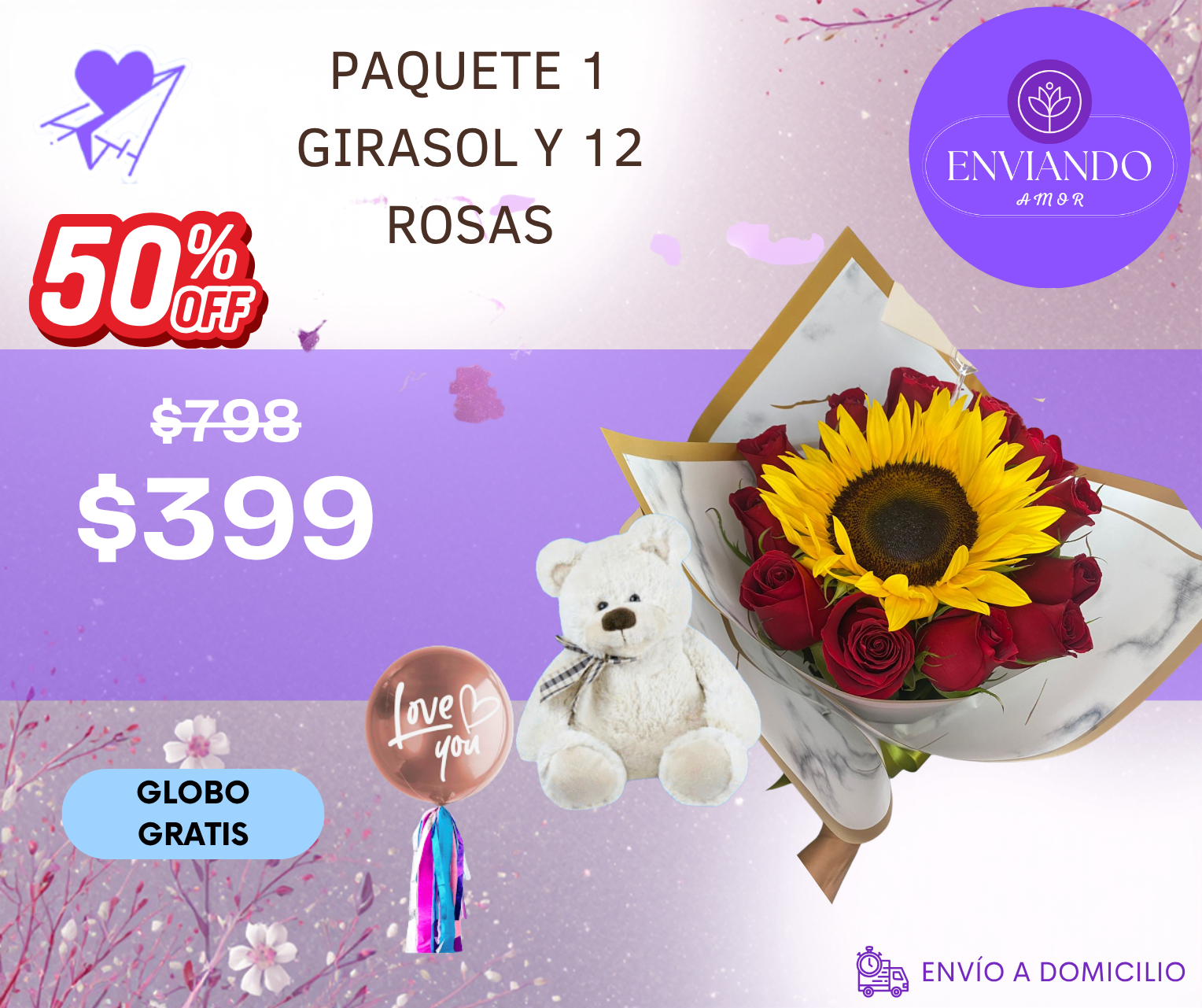PAQUETE 1 GIRASOL Y 12 ROSAS_0