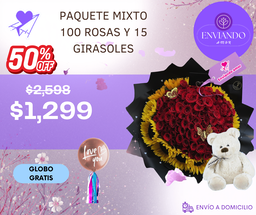 PAQUETE MIXTO 100 ROSAS Y 15 GIRASOLES