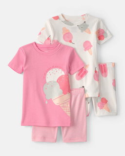 Toddler Girl Ice Cream 100% Cotton Short-Sleeve Snug Fit 4-Piece PJ Set