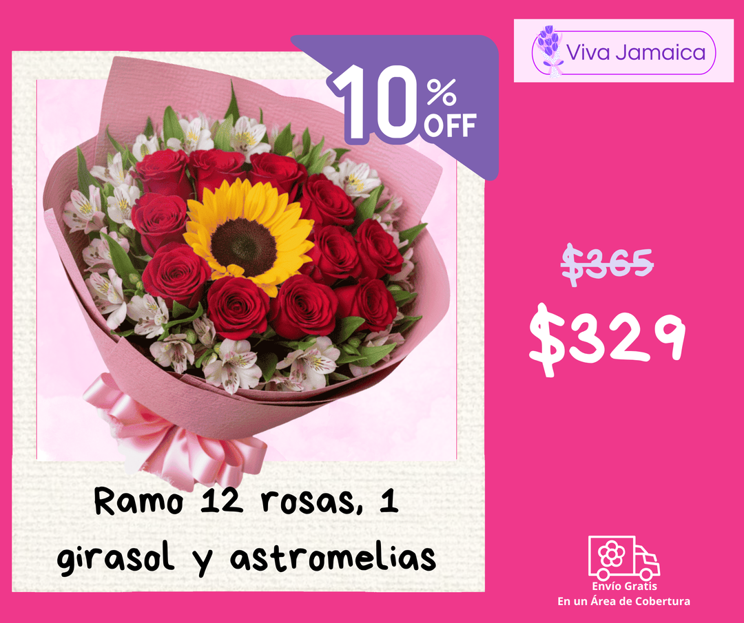 12 Rosas, un Girasol y Astromelias