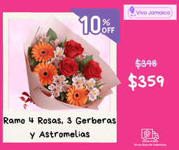 Ramo 4 Rosas, 3 Gerberas y Astromelias