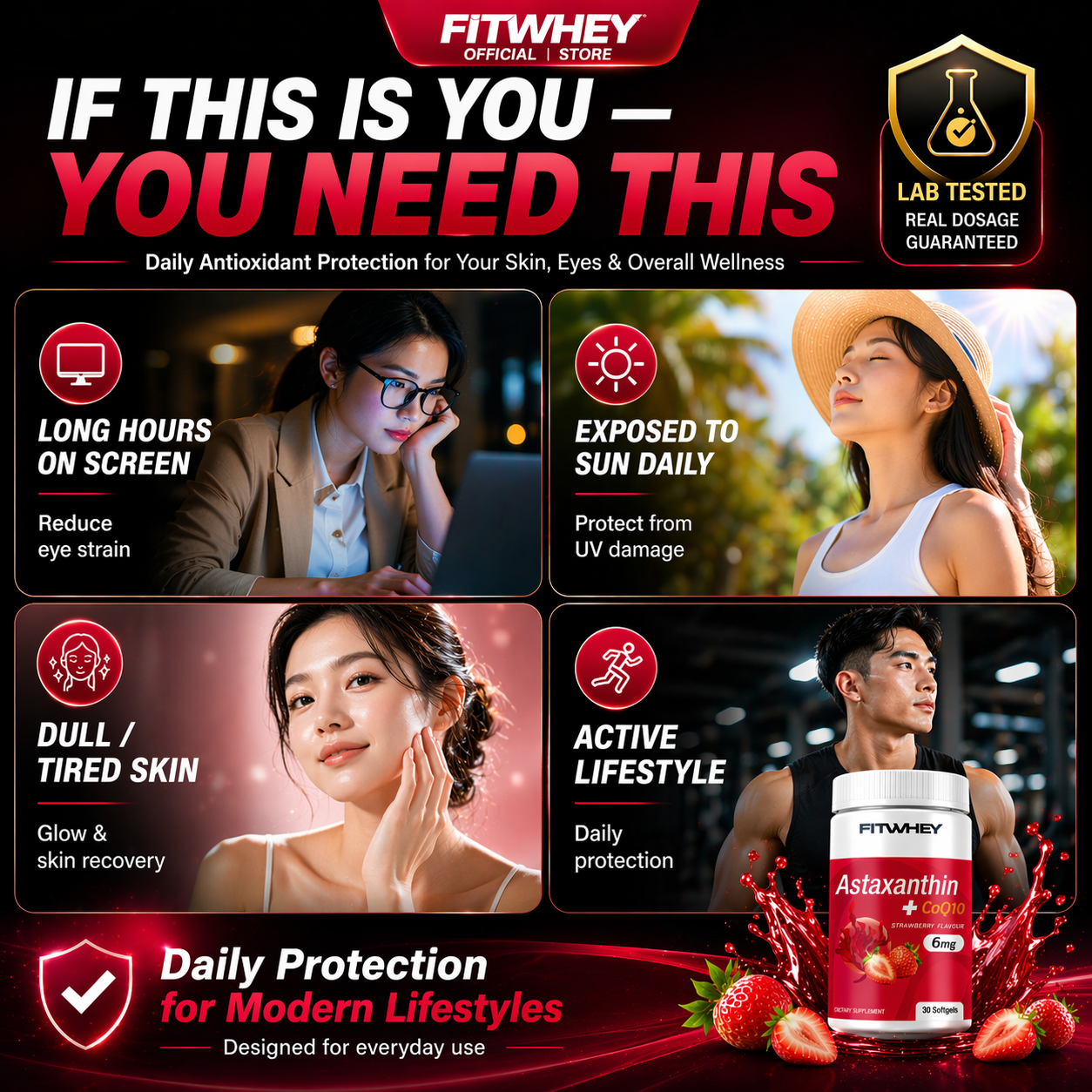 FITWHEY™ Astaxanthin 6mg + CoQ10 30mg | Skin Glow • UV Protection • Eye Health • Anti-Aging Antioxidant | Lab Tested_1