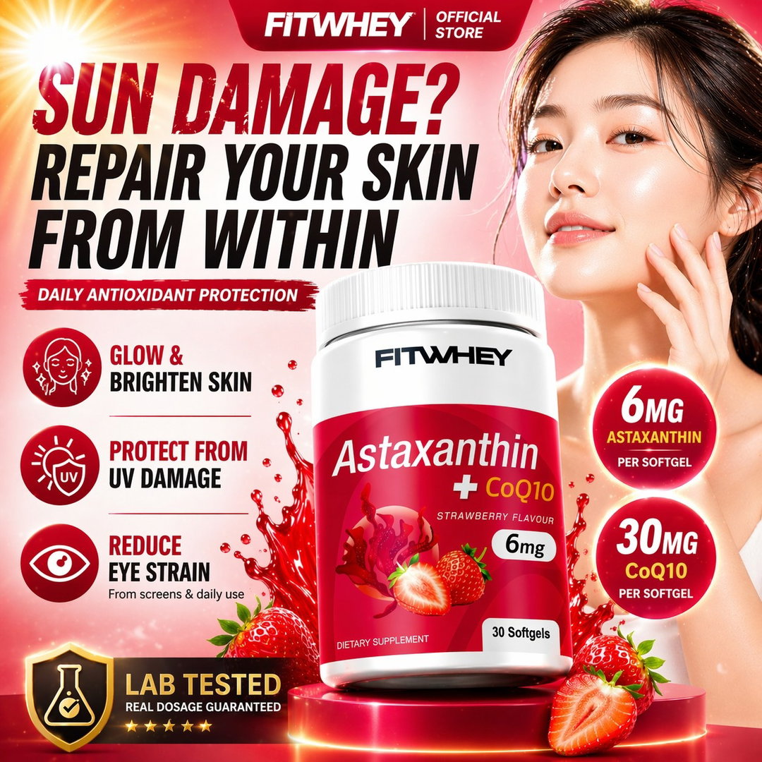 FITWHEY™ Astaxanthin 6mg + CoQ10 30mg | Skin Glow • UV Protection • Eye Health • Anti-Aging Antioxidant | Lab Tested