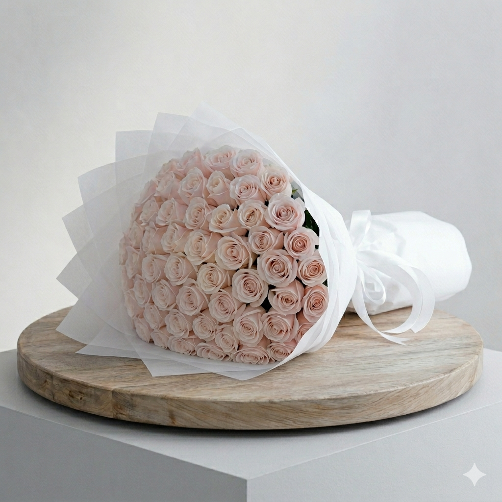 50pcs White Roses Bouquet With White Wrapping