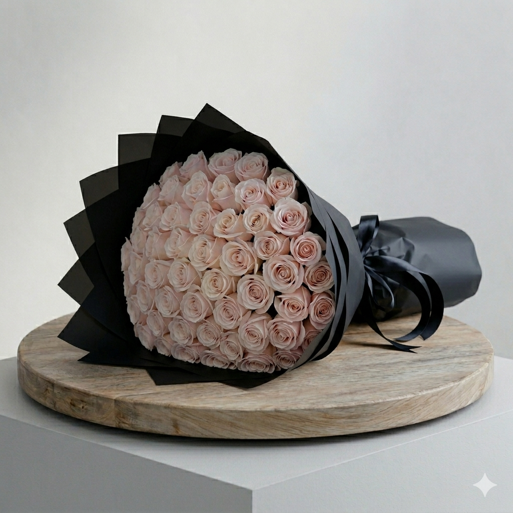 50pcs White Roses Bouquet With Black Wrapping_0
