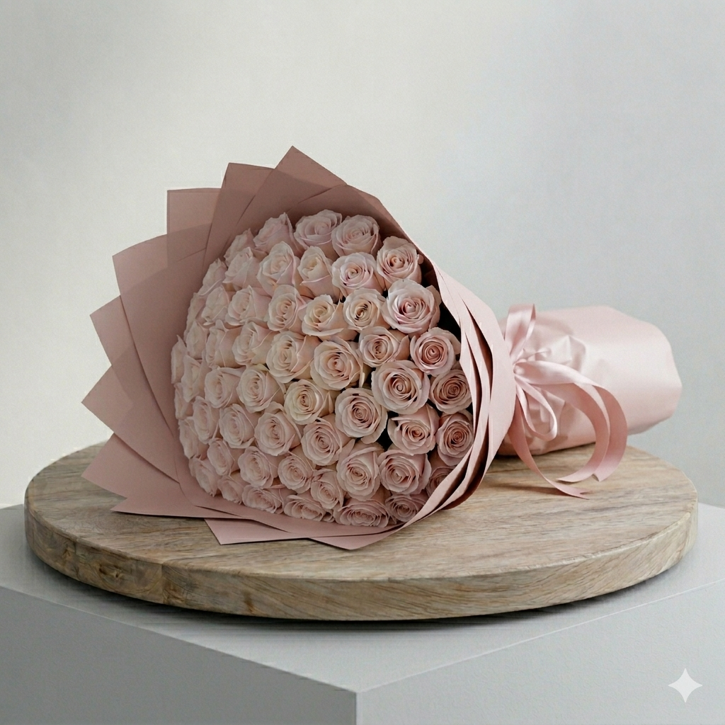 50pcs White Roses Bouquet With Pink Wrapping_0
