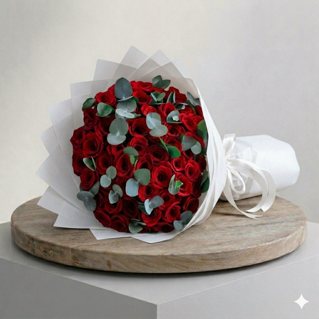 50pcs Red Roses With White Wrapping