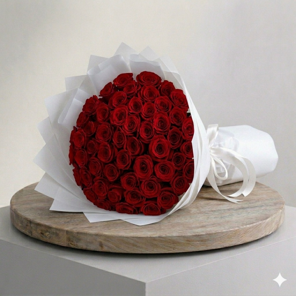 50pcs Red Rose Double White Wrapping
