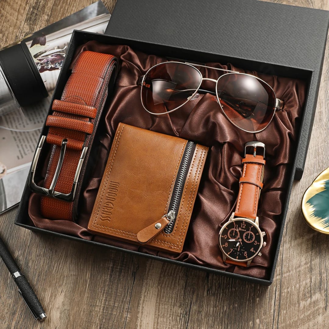 Coffret Cadeau "Élégance Classique" pour Homme – Montre, Portefeuille, Ceinture & lunettes