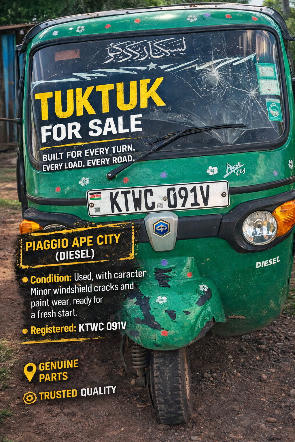 Used Piaggio Ape City Diesel Tuktuk (Green) - KTWC 091V