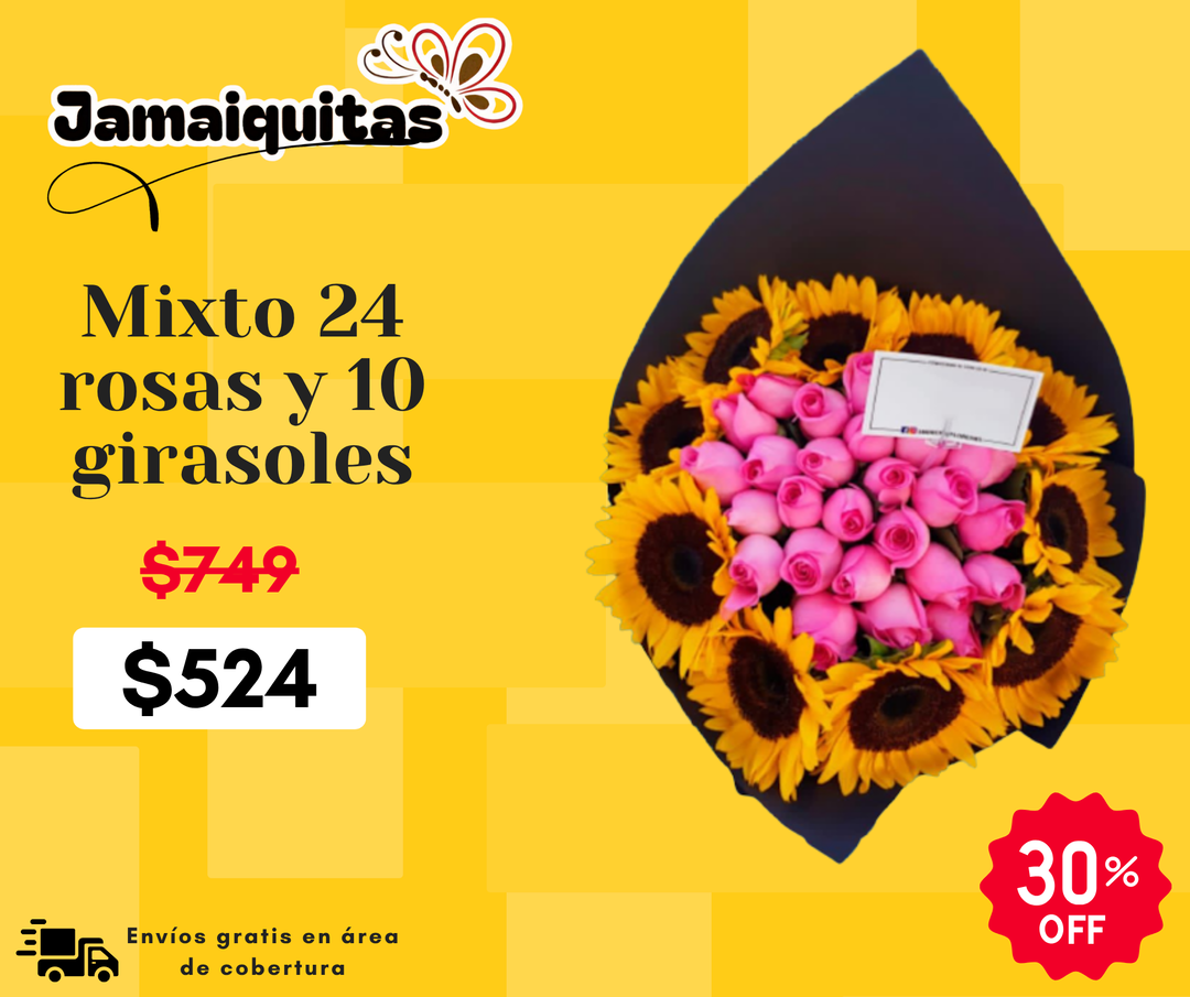 Mixto 24 rosas y 10 girasoles