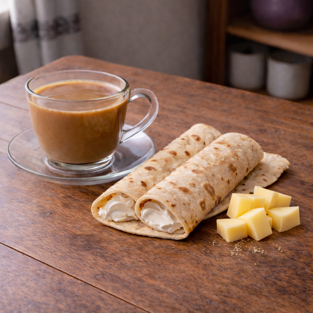 Coffee Karak with 2 Chappati and Cheese | كرك بالقهوة مع ٢ تشباني بالجبن