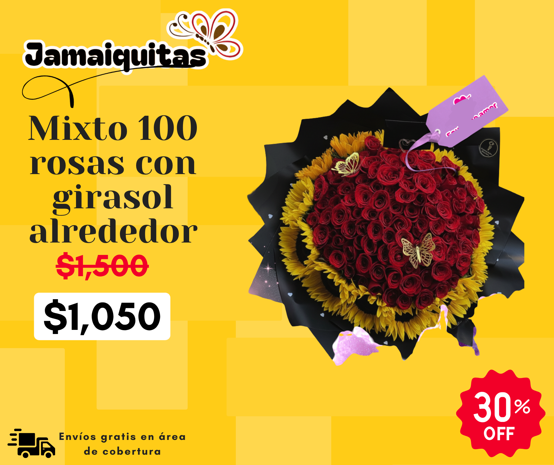 Mixto 100 rosas con girasol alrededor_0