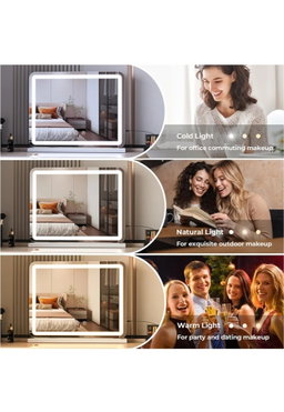Large Makeup Mirror with LED Lights, Smart Touch Dimmable 3-Color Light, Memory Function