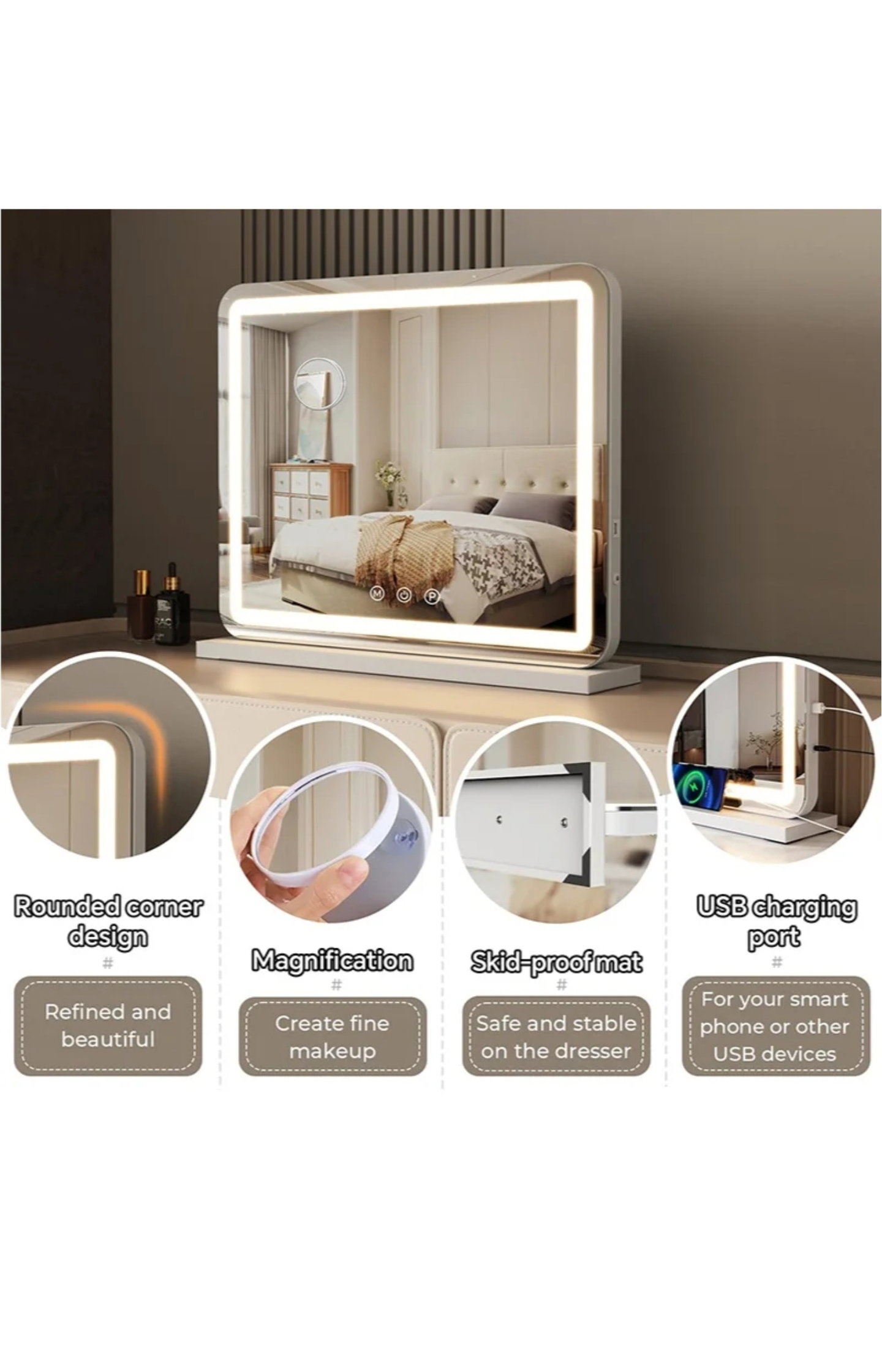 Large Makeup Mirror with LED Lights, Smart Touch Dimmable 3-Color Light, Memory Function_4