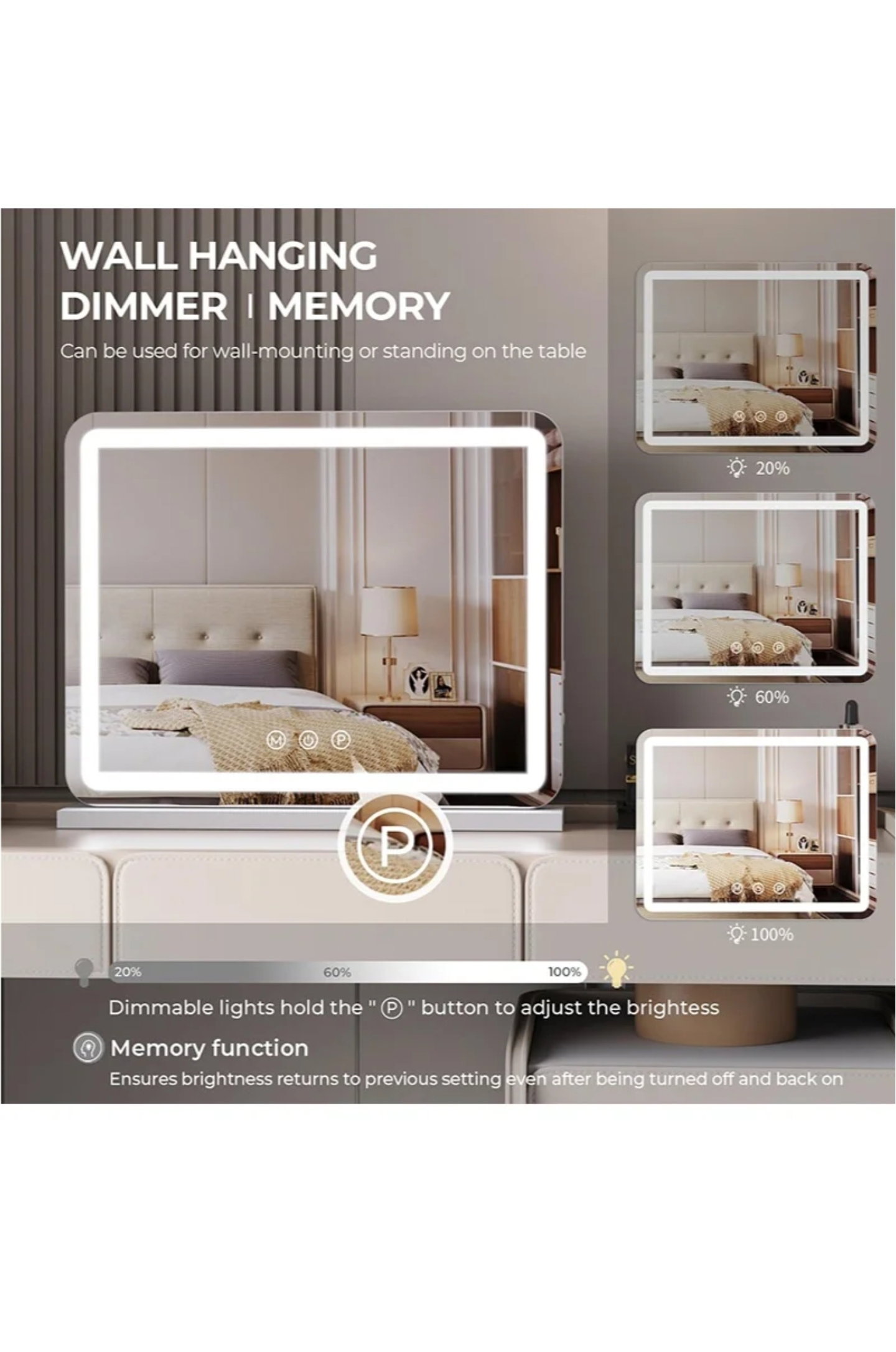 Large Makeup Mirror with LED Lights, Smart Touch Dimmable 3-Color Light, Memory Function_1
