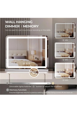 Large Makeup Mirror with LED Lights, Smart Touch Dimmable 3-Color Light, Memory Function