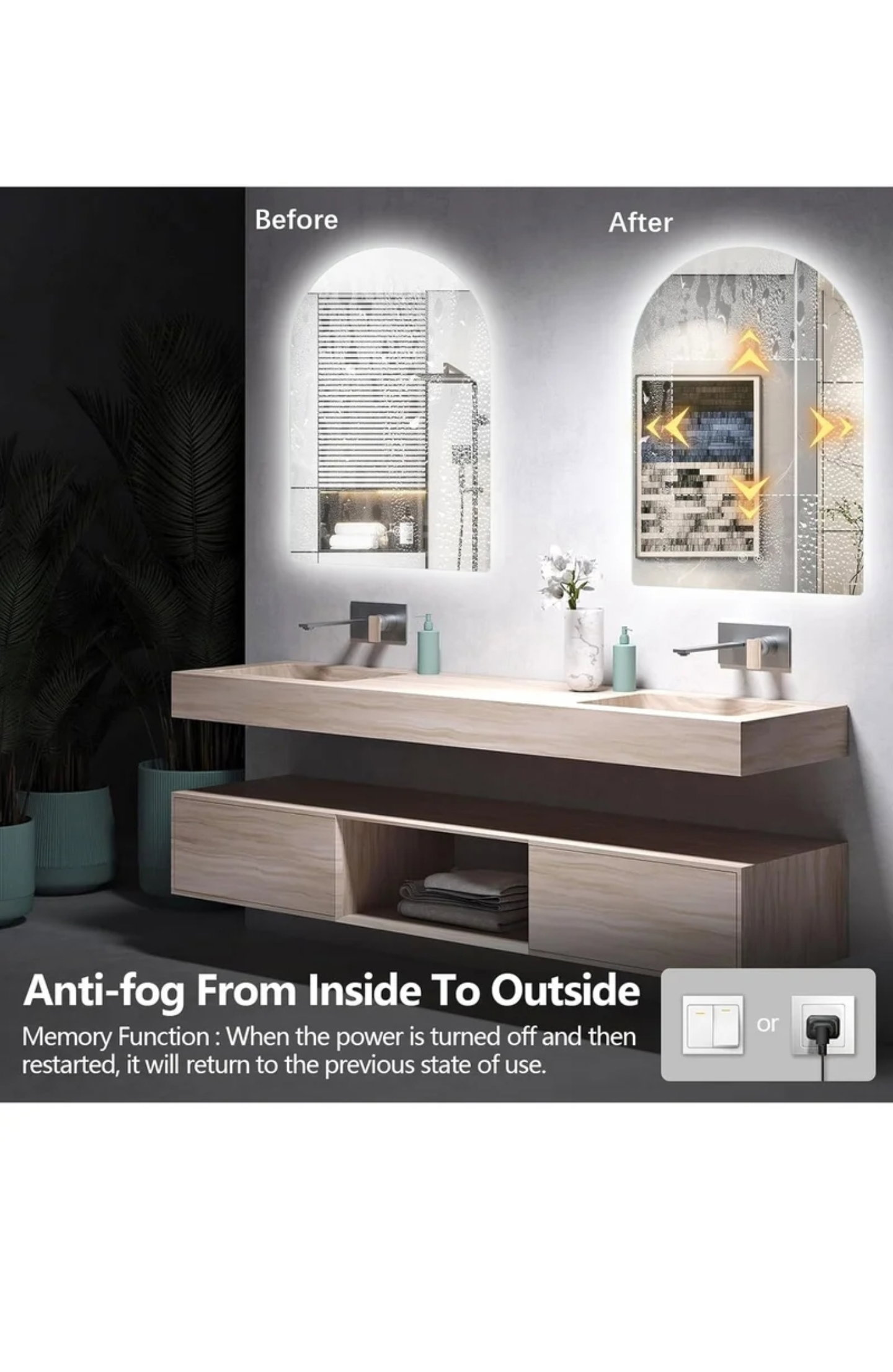 Arched LED Bathroom Mirror, Frameless Arch Backlit Wall Mirror, Lighted Vanity Mirror with 3 Color Temperature Adjustment, Anti-Fog_4