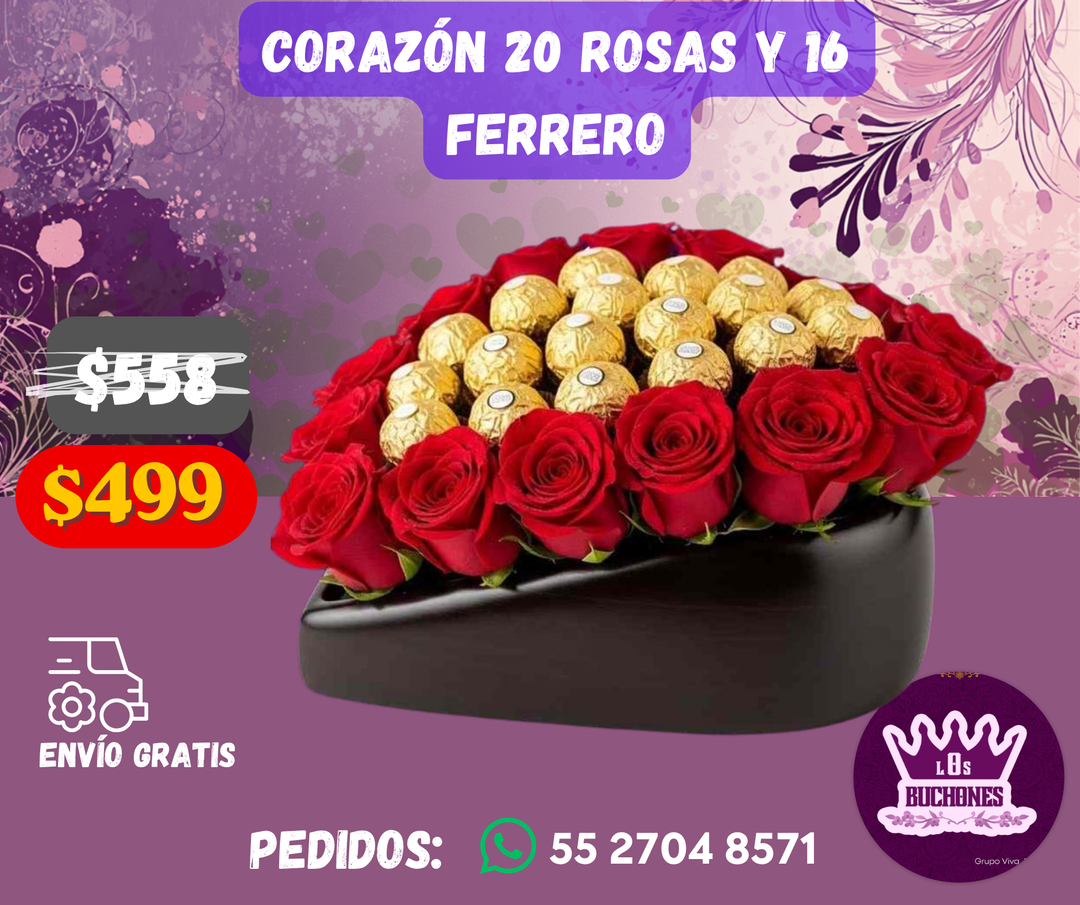 Corazón 20 Rosas y 16 Ferrero