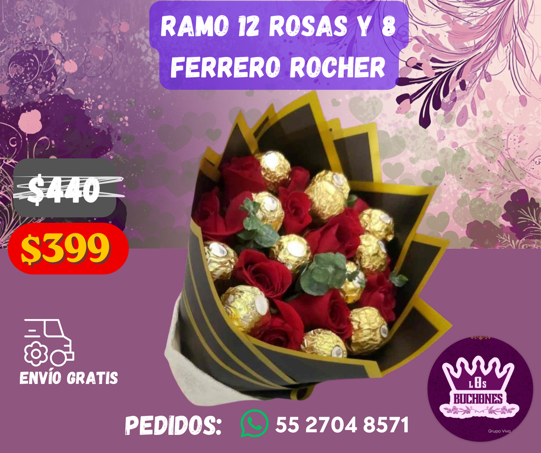 Ramo 12 Rosas y 8 Ferrero Rocher
