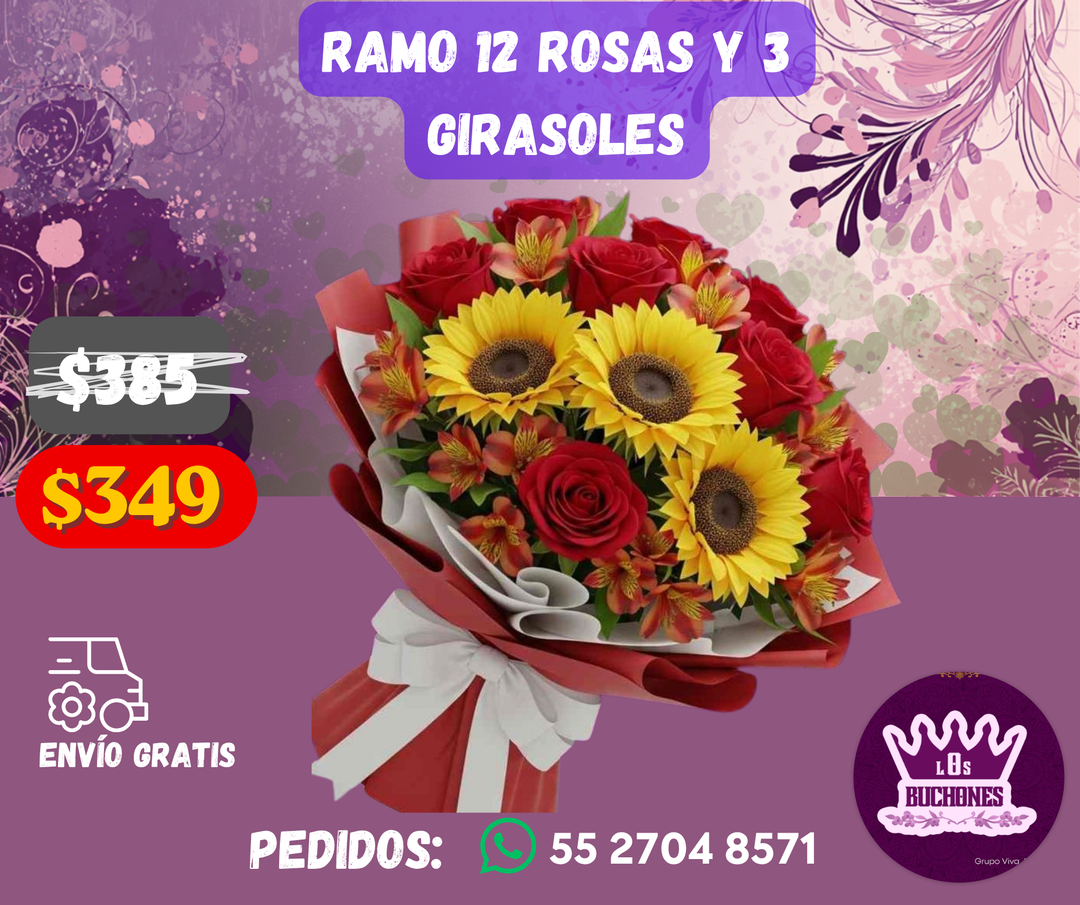 Ramo 12 Rosas y 3 Girasoles