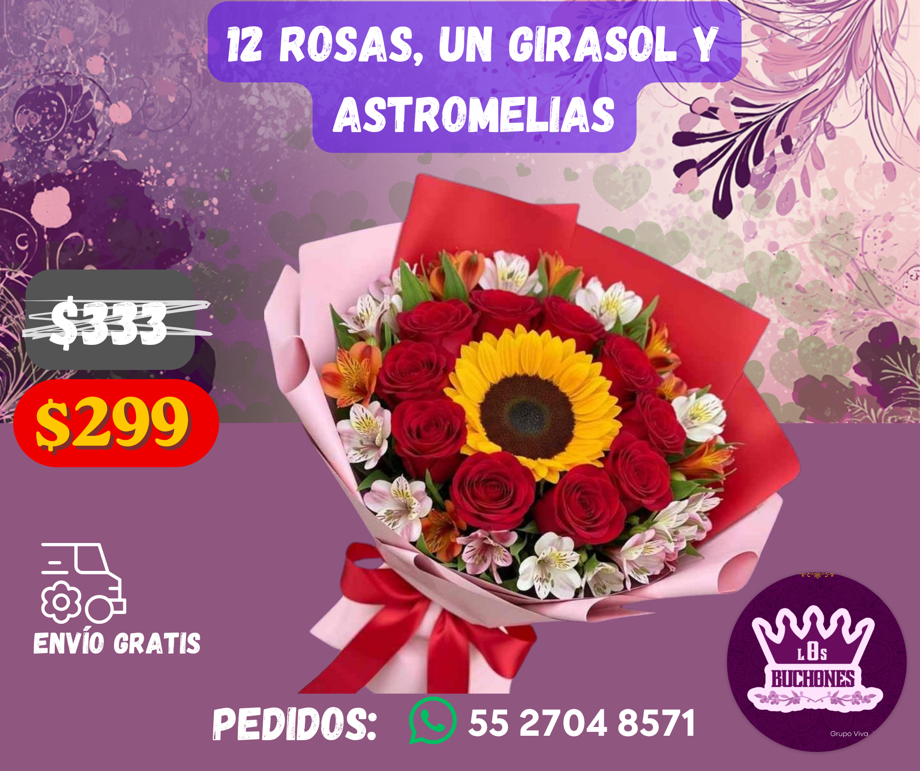 12 Rosas, un Girasol y Astromelias_0