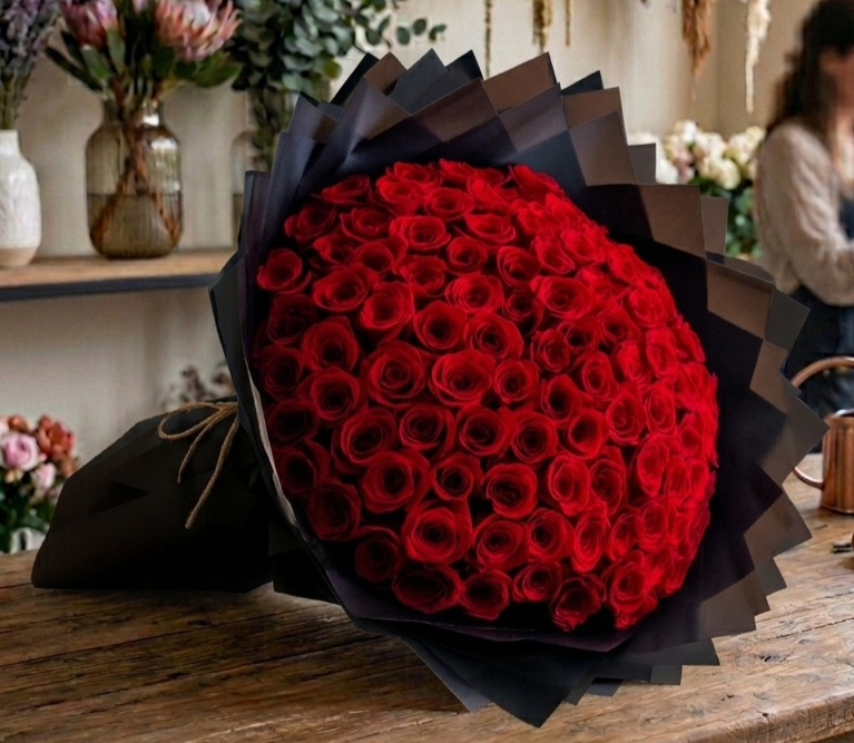 100Pcs Red Roses Black Wrapping 