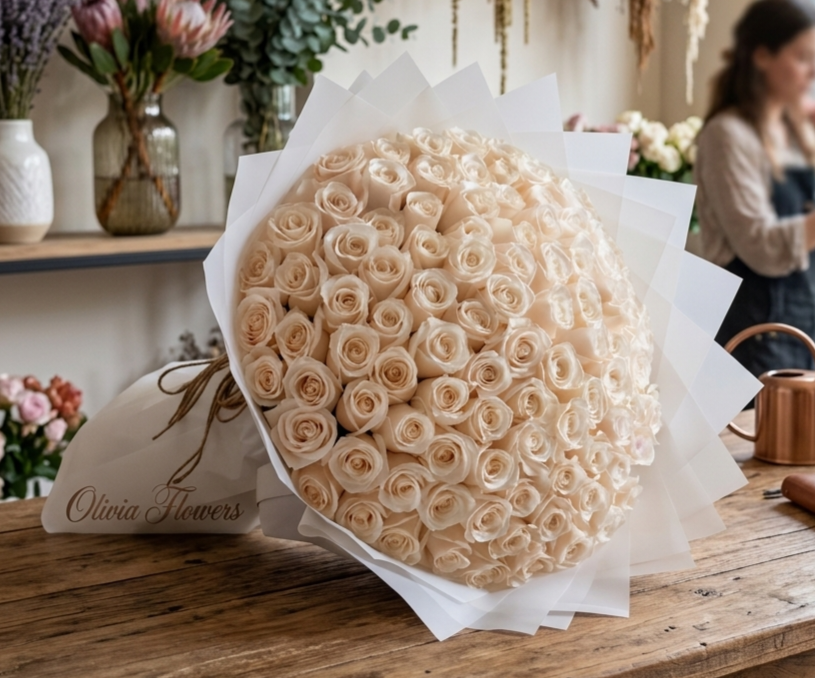 100pcs White Roses White Wrapping 