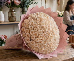100pcs White Roses Pink Wrapping