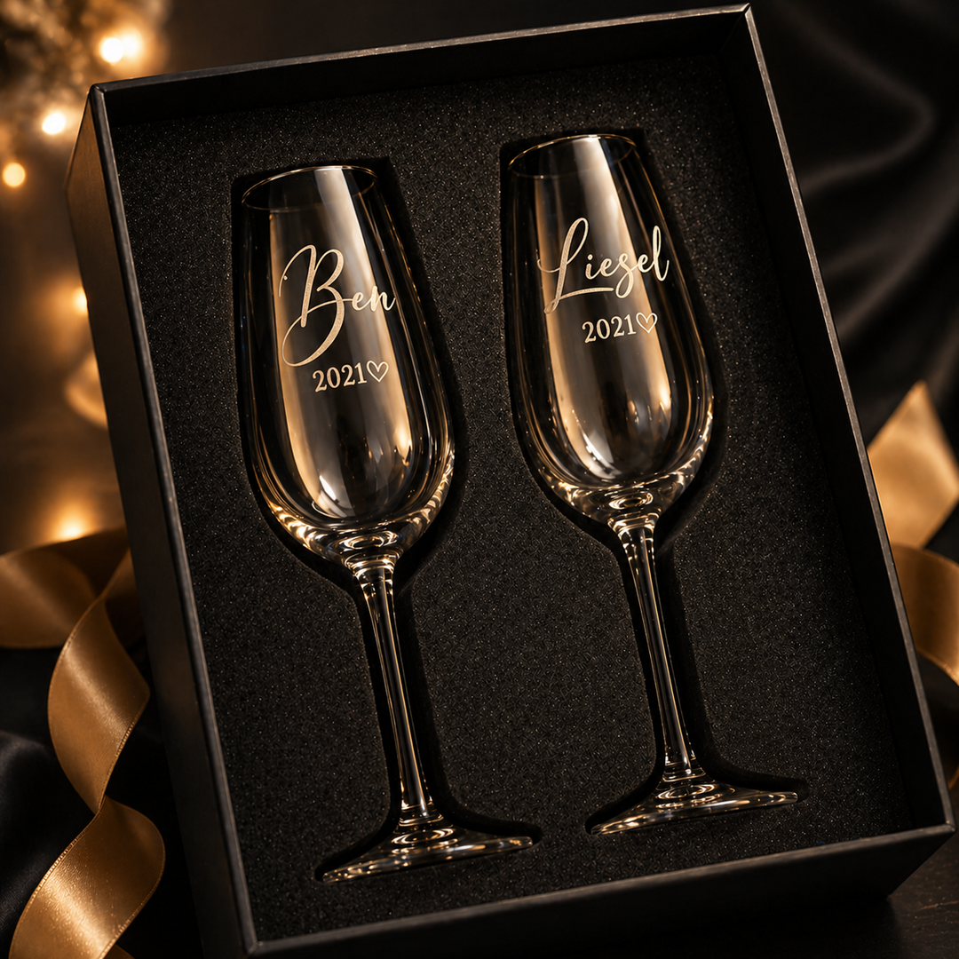 ✨ Personalized Champagne Glass Gift Set (Light-Up Box Included)