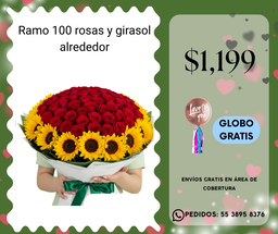 Ramo 100 rosas y girasol alrededor