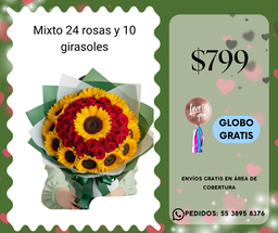Mixto 24 rosas y 10 girasoles