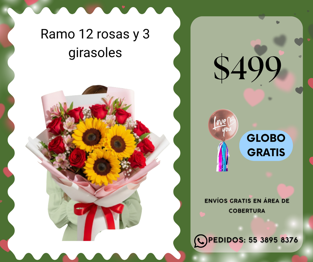 Ramo 12 rosas y 3 girasoles