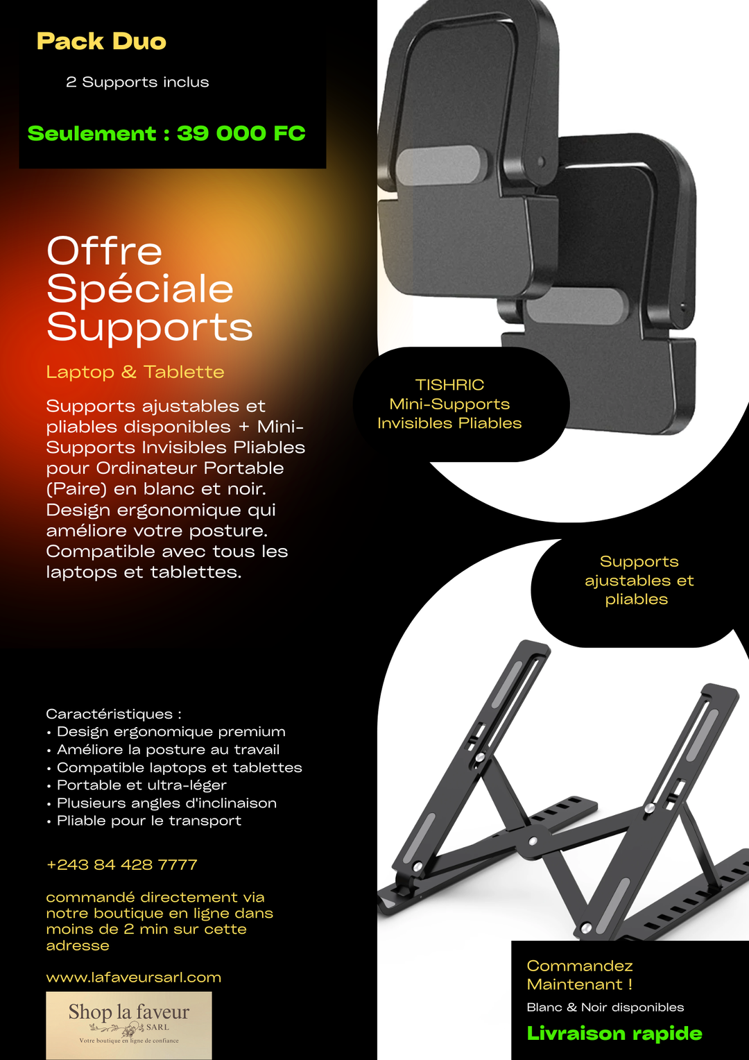 Offre Spéciale Pack Duo Le Support Laptop & Tablette (Ajustable) et Les Mini-Supports Invisibles TISHRIC