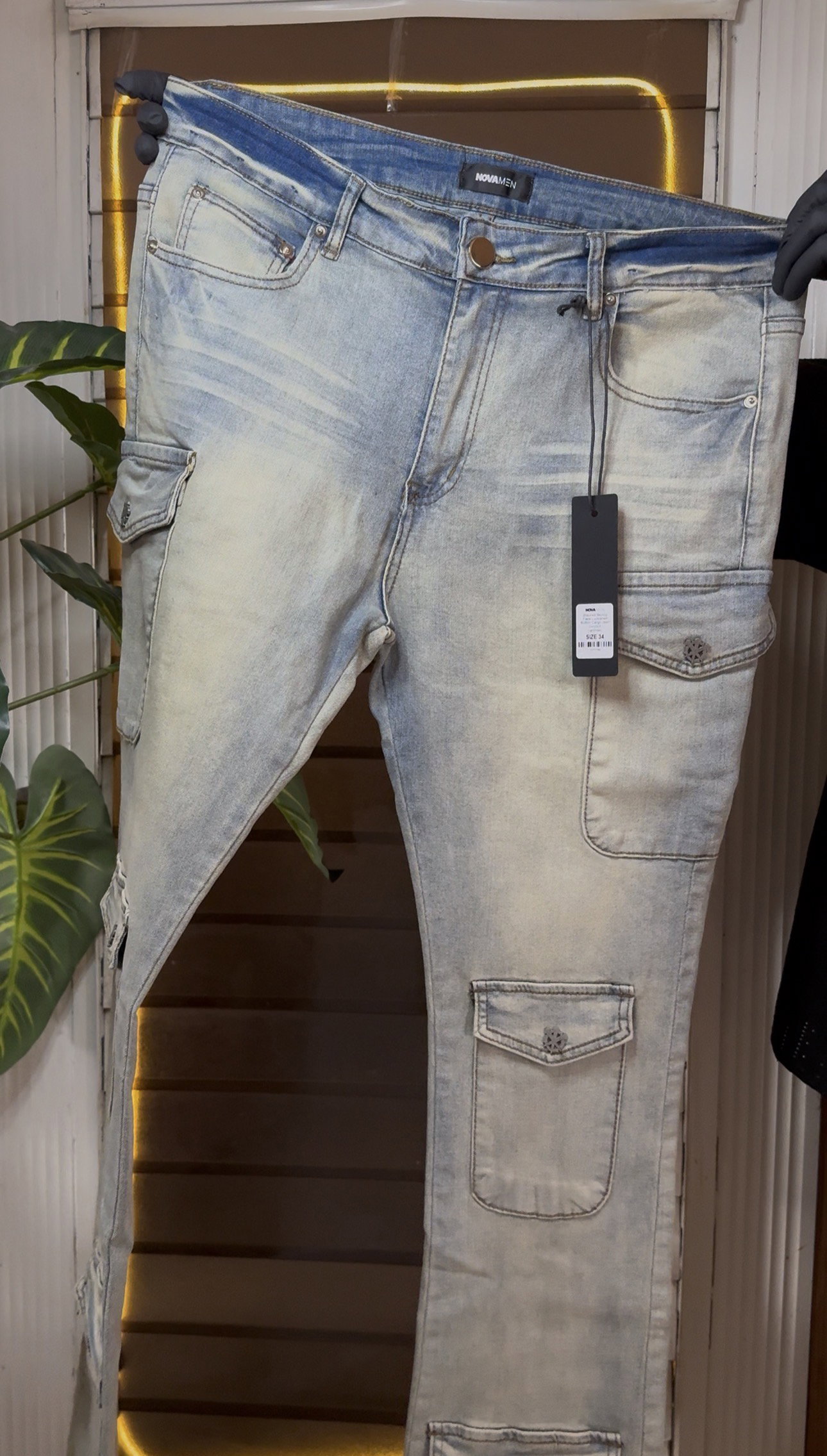 Stacked Skinny Flare Button Cargo Jean - Light 1ZW806_1