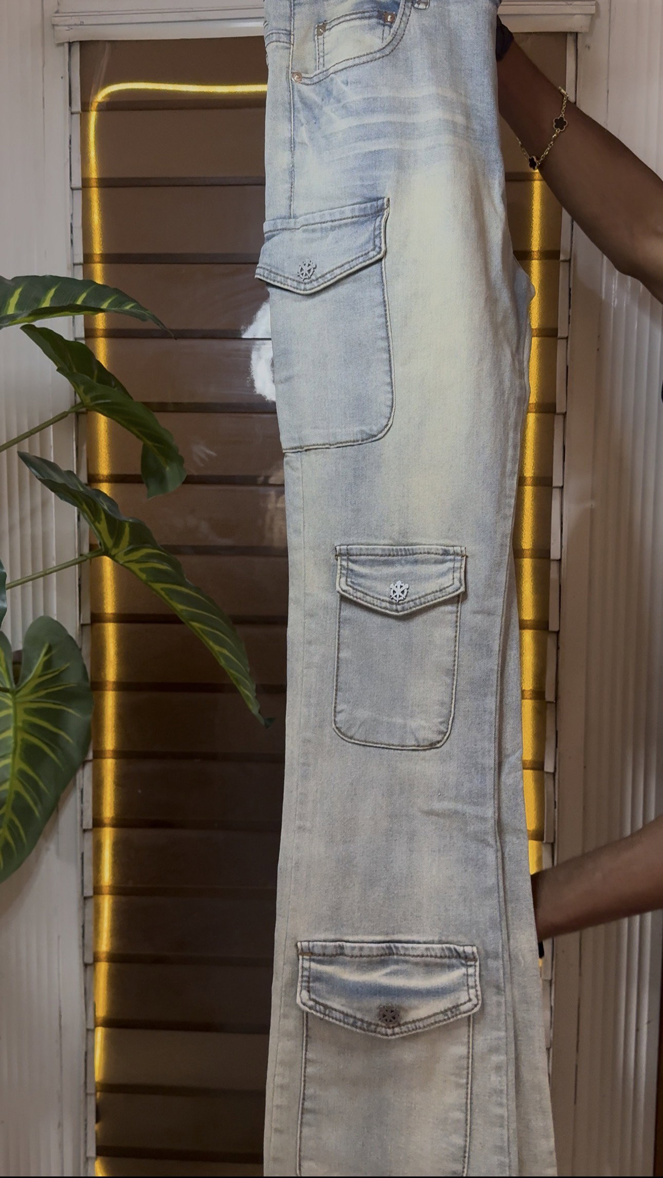 Stacked Skinny Flare Button Cargo Jean - Light 1ZW806