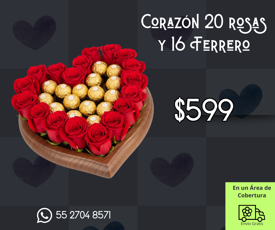 Corazón 20 rosas y 16 Ferrero